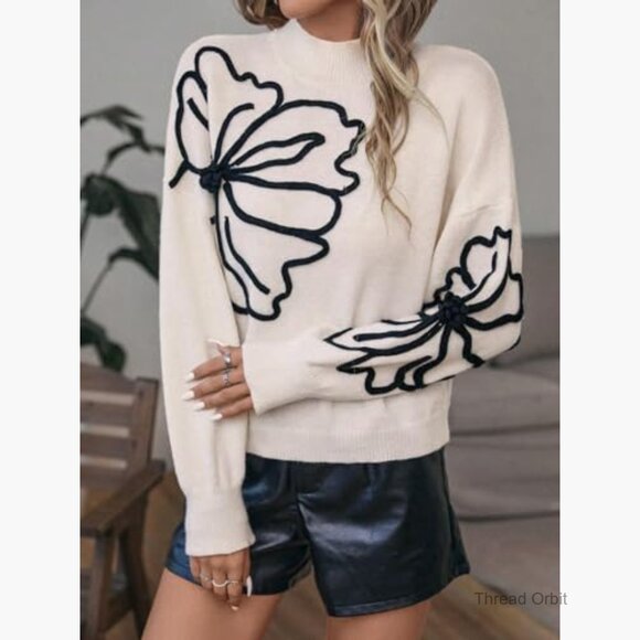 Floral Mock Neck Long Sleeve Pullover Sweater Knit Top Drop Shoulder - Picture 5 of 6